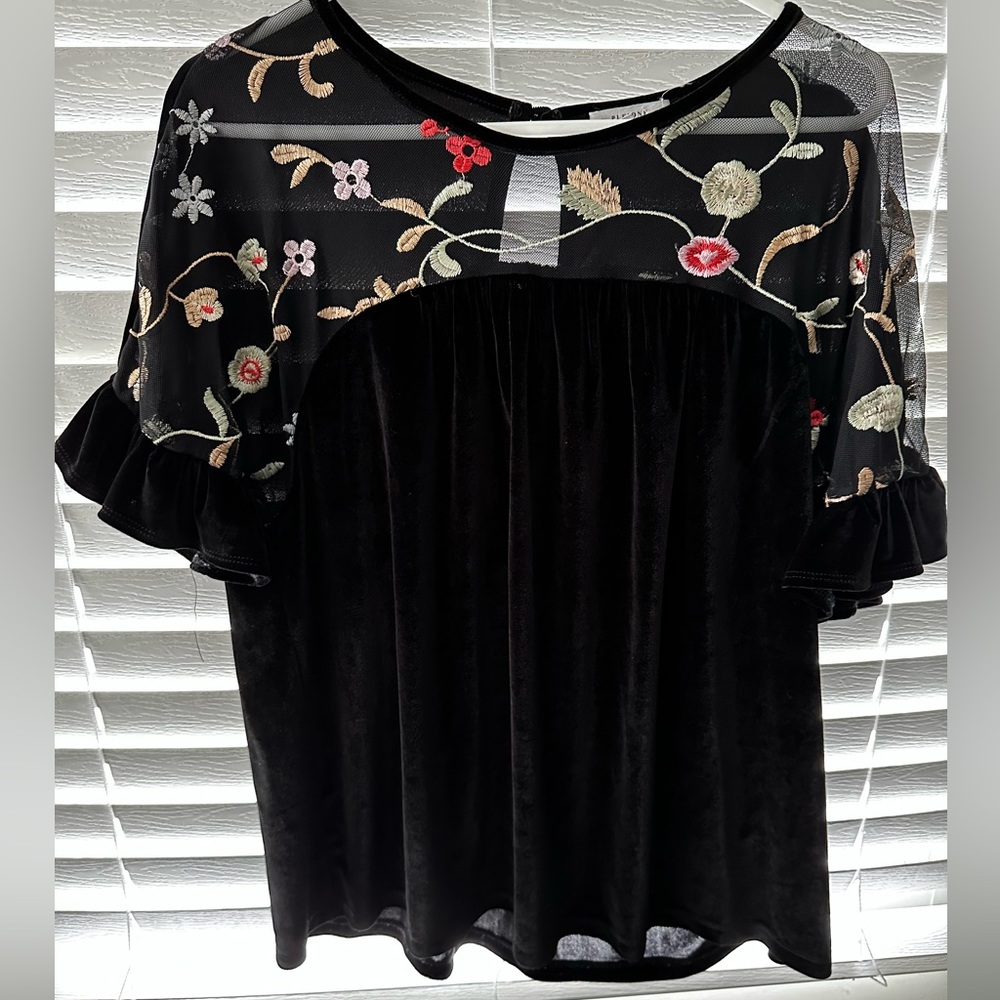 Black Velvet/ Seethru/ floral top. Size medium